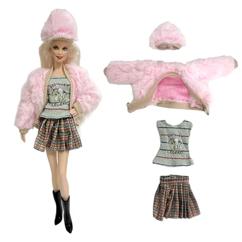1 Комплект Дрехи за кукли Барби 1/6, Розово плюшевое палто, топ, панталон, Шапка, Ежедневни облекла за 11,8-инчов кукли BJD, играчка за подарък на Бебето, дрехи за момичета