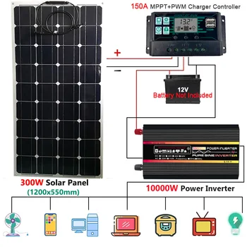 10000 12000 W W Система за слънчева енергия, зарядно устройство, 300 W, Слънчеви панели, 150A, Контролер за зареждане на 110/220v, Инверторен комплект за производство на електроенергия