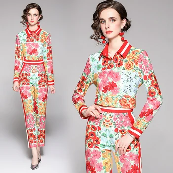 2023 Есенни брючные костюми от две части, блуза с флорални принтом, яка риза + Панталон-молив, с тънка талия, Модерни комплекти от 2 теми, дамски дрехи