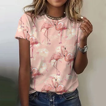 2023 Женска тениска с принтом Фламинго, Най О-образно деколте Оверсайз, Дамски Дрехи, Лятна Тениска с къс ръкав, Harajuku, Дамски Пуловер, Тениски