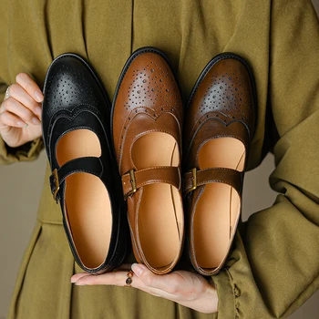 2023new/ пролетно-есенни дамски обувки-лодка от естествена кожа, големи размери 22-26,5 см, воловья кожа + свинска кожа, обувки Mary Jane от естествена кожа с дърворезба