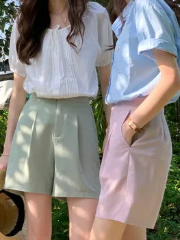4 цвята, къси панталони за летен костюм ГСМ 2023, Шорти с висока талия, Дамски ежедневни директни къси панталони за момичета в корейски стил, женски (X2447)