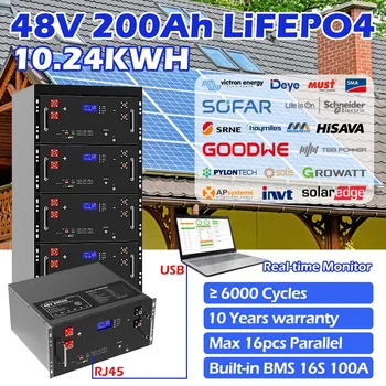 48V 200Ah LiFePO4 Акумулаторна батерия 51,2 V 10KWh 100Ah BMS 16S 200A с монитор RS485 CAN PC За домашни фотоволтаични батерии