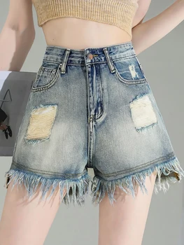 FTLZZ Нови летни дънкови шорти с винтажными дупки и широки штанинами, дамски модни ежедневни дънкови къси панталони с висока талия и джобове, директни дънкови шорти