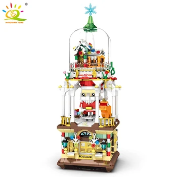 HUIQIABO 843 бр. Идеи Снежна Къщичка на Дядо Осветление на Въртящата се Кутия Строителни Блокове Тухли Лосове Елен Коледен Подарък За Деца на Коледна Играчка
