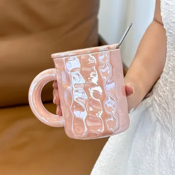 Ins Преливащи керамични чаши с капак и лъжица, Керамични чаши за пиене на Кафе с мляко за сладки момичета, висококачествени и изискани подаръци за рожден Ден