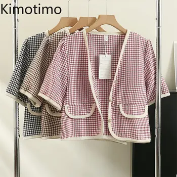 Kimotimo Хаундстут, Изпъстрен Ризи с къс ръкав, Дамски Ризи с V-образно деколте, Без Тънък Ретро Съкратен Топ, Френска Скъпа Универсална Модна Блуза