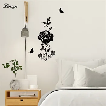 Lenyon, Стенни стикери с цветя черна роза за дома, Декоративни Залепваща стикер с изображение на Пеперуда, Интериор за спални, всекидневна за момичета