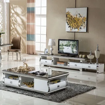 Linlamlim Стилен Мебелен слушалки за всекидневната с Мраморна Сгъваема Поставка за телевизор от неръждаема стомана и Холна масичка TV Table Centro Table