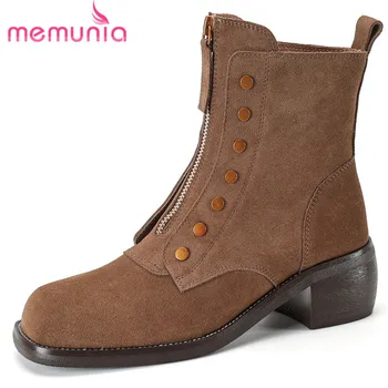 MEMUNIA / Новост 2023 година, Обувки на платформа от волска кожа, Велур, Ботильоны на средно квадратен ток в ретро стил, Дамски зимни обувки