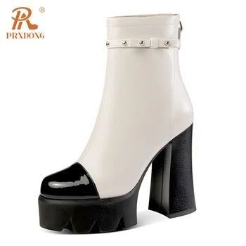 PRXDONG/2023, Нова мода, Дамски обувки на платформа и висок масивна ток от естествена кожа, есен-зима черни топли ботильоны, Размер 34-39