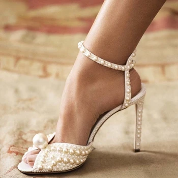 QIWN/ Висококачествени Сватбени обувки, Дамски Нови Перлени нитове a1, Луксозни Дамски Сандали на висок ток с отворени пръсти и изкривени 43
