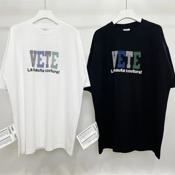 Vetements Бродирани логото с букви отпред и отзад, модна тениска за мъже е 1: 1, реколта тениски VTM за жени Оверсайз