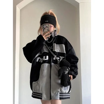 Y2K Пънк-черна бейзболна яке в стил мозайка, дамски градинска облекло и интериор в японски стил хип-хоп, зимни връхни дрехи Оверсайз, Harajuku, Ежедневното палто