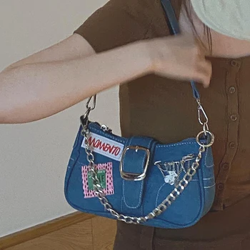Y2k, чанта на рамото за най-горещите момичета, дамски чанти на вериги, чанта под мишниците, Дънкови чанти-тоут, портфейл