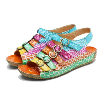 YourSeason Реколта дамски сандали от естествена кожа, Летен цвят дамски Удобни дишащи плажни обувки на плоска подметка с ръчно рисувани 2023