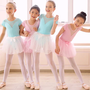 Балетное трика за момичета, боди Фитнес, Мрежести костюми splice, Детско шифоновое рокля-пакетче с къс ръкав, Детска балетна танцови