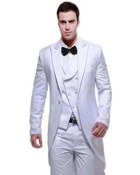 Бели Вечерни мъжки костюми са с Високо качество с остроконечным лацканом на една пуговице, комплект от 3 теми (яке + панталон + елек), Сако, Панталон, приталенные мъжки костюми