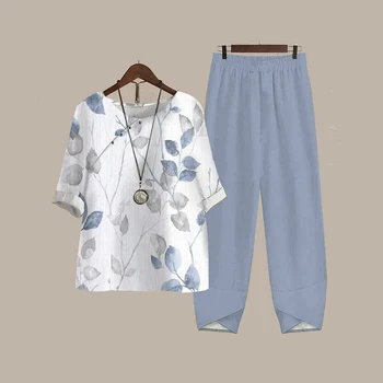 Бутик В ретро стил, Дишаща Комплект Панталон с къс ръкав, Риза с контрастни флорални принтом, лека риза с копчета за усвояване на пот
