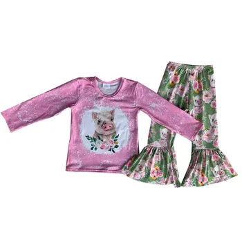 Бутик за дрехи за малките момичета, Дълги ръкави, разкроена панталони с Шарени Прасета и Цвете, Детски комплект за момичета