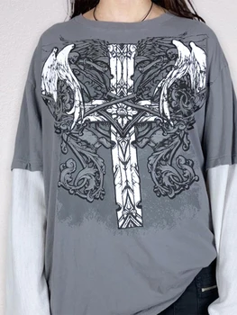 Дамски готически риза Y2K с дълъг ръкав, пуловер, графични фалшиви тениски от 2 теми, реколта тениски с кръст в стил харадзюку на 90-те години, градинска облекло
