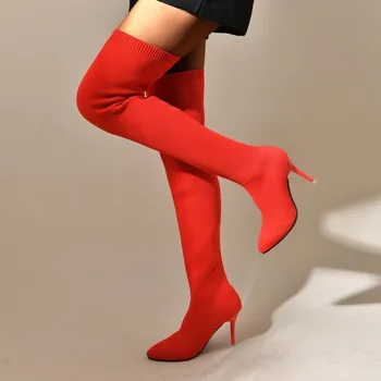 Дамски обувки големи размери, вълнени ботуши, есенно-зимни дамски ретро-модели на тънките токчета, високи токчета, вязаная тръба, ботуши до коляното