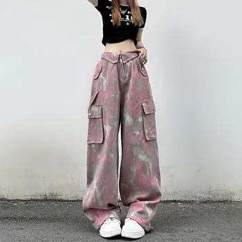Дамски розови камуфляжные панталони-карго в американски стил, летни улични панталони с много джобове, Дамски преки Свободни широки панталони