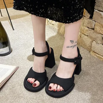 Дамски сандали на дебел ток с отворени пръсти, новост лятото 2023, реколта френските обувки на висок ток, проста и елегантна ежедневни дамски обувки с кръгло бомбе