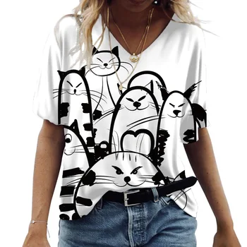 Дамски тениски с 3D V-образно деколте, сладък котки, графичен принт, къс ръкав, летни модни ежедневни тениски Kawaii, забавен дамски дрехи