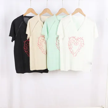 Дамски трикотажни тениски от 100% лен с писмото принтом във формата на сърце, V-образно деколте, Тънки Дамски ежедневни ризи с къс ръкав, трико, лято 2023 г.
