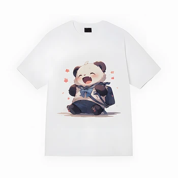 Дамски универсална тениска свободно за намаляване на двойки от чист памук, с изображение на панда, която носи раница на училище с животинска тематика