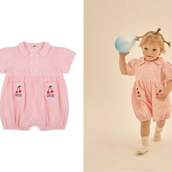 Детски Дрехи Детски Летен Гащеризон за новородени Розово Парче Сладък гащеризон Поло с черешов принтом за момичета с къс ръкав 2023