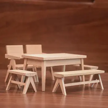 Дървена маса за куклена къща, стол, аксесоари за кукли, модел сцена, Мини-маса за хранене, подпори за фотосесия, Малка табуретка в мащаб 1: 12, пейка