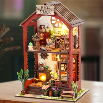 Дървени Занаяти Magic Барака Casa Куклени Къщи Миниатюрен Строителен комплект С мебели Лесен Куклена Къща Играчки За Възрастни, Подарък За Рожден Ден