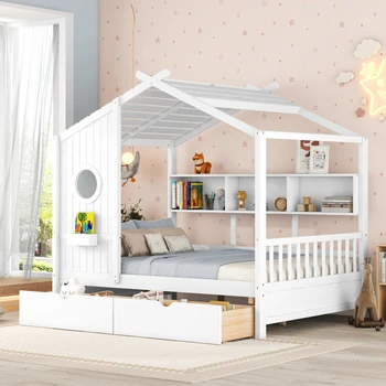 Дървени легла, пълен размер Домашна Легло с покрив, 2 повдигащи чекмедже, Рафт за съхранение, Уникална бебешко легло с детски дизайн, Подходящ за детска спалня