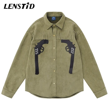 Есенни мъжки велурени ризи с дълъг ръкав копчета, блузи с пискюли в стил хип-хоп, нашивка с пистолет, 2023, градинска дрехи, ежедневни модерен ризи в стил харадзюку