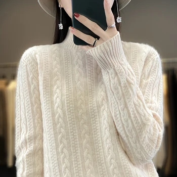 Есенно-зимния женски Нов Пуловер с витым цвете, обикновен пуловер с висока яка, Всекидневни вязаный Елегантен мек топ от 100% чиста вълна