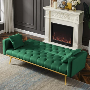 Зелен диван-futon с мек покрив, разтегателен диван-канапе за компактно жилищно пространство. за сядане на закрито, мебели за спалня