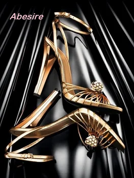 Златни ленти Crystal сандали с отворени пръсти на платформа блок токчета, сандали жени катарами на колан на 2023 нов петата, сандали, летни луксозни