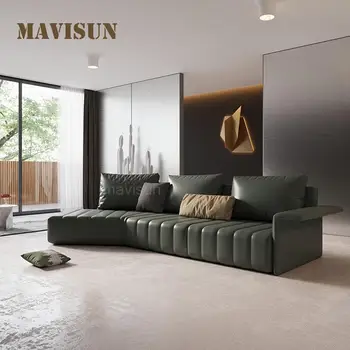 Индивидуален кожена секционни диван с открит басейн с шезлонг, Италиански минималистични диван-легло с мека тапицерия, луксозни мебели за дневна