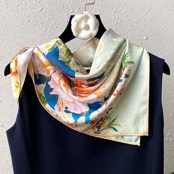 Квадратен шал на допир от естествена коприна, за жени, Шал с флорални принтом, Bandanas, Шалове, женски шийни шалове, Малки шалове и тайна