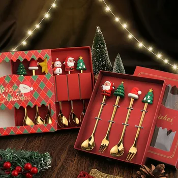 Коледен комплект лъжици и вилици, Cartoony, сладък и весел, Година на заека, Дядо Коледа, Креативна подарък кутия за десертни лъжици и вилици
