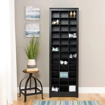 Компактен шкаф за съхранение на обувки на 36 двойки с отвор, черен органайзер за обувки