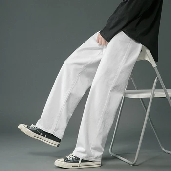 Корейски Модерни Мъжки дънки, Бели Обикновена Дънки Harajuku, Дънкови панталони, Мъжки прави дънки Y2K, Дамски есен Градинска облекло