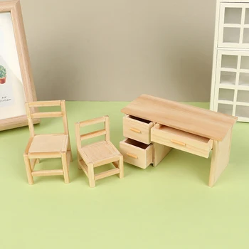 Куклена Къща Миниатюрна дървена маса Модел стол за работния плот САМ Аксесоари за декор за сцени от живота на куклена Къща Кухненски Мебели и Играчки