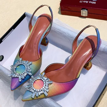 Летни дамски обувки на висок ток, Модни Луксозни Обувки-лодка с остри пръсти, украсени с пайети и Дъга, Женски сватбени обувки Zapatos Mujer