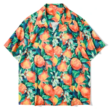 Летни Ризи с плодово-оранжев принтом, Ризи с къс ръкав, мъжки ежедневни хавайски плажни дрехи, блузи