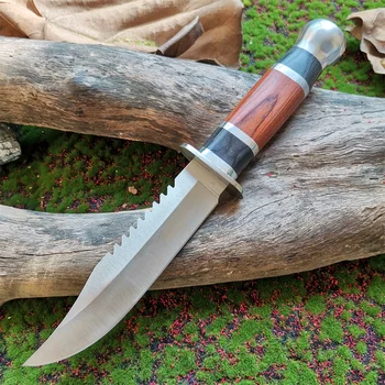 Ловен Нож с дървена Дръжка и Фиксирано Острие - Инструмент за Оцеляване 7Cr13Mov за Къмпинг и активна почивка с Ножнами