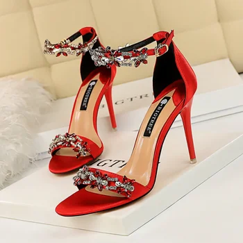 Луксозни дамски сандали на висок ток, Лятна Секси Банкетная обувки на висок ток, Булчински обувки на тънък ток, Дизайнерски дамски обувки с диаманти