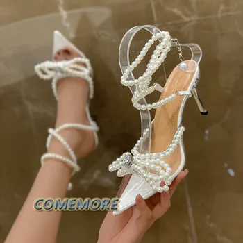 Луксозни кристали и перли жени помпи мода прозрачен PVC каишка на глезена секси парти високи токчета пролет лято сватбени обувки